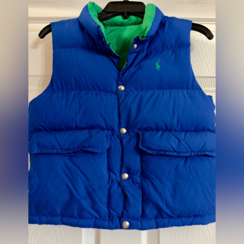 Polo Ralph Lauren Blue Goose Down Puffer Vest Reversible Youth 5 (8) Preppy Logo